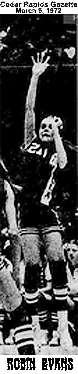 Black and white image of Robin Evans, girls basketball player, 1972 Manilla High (Iowa), #21, shooting during game she scored 55 points. From the Cedar Rapids Gazette, March 9, 1972.