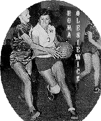 Black and white image of Polish women's basketball player, Romualdy Gruszczynskiej-Olesiewicz, playing for AZS AWF in 1950s, #6 uniform.