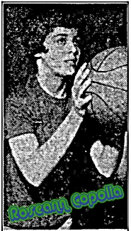 Image of Roseann Copolla, girls basketball player for Pennsylvania high school, St. Jerome's of Tamaqua, getting ready to shoot a foul shot. From The Morning Call, March 3, 1957.