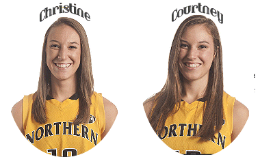 Two portraits of twin sisters for the Northern Kentucky University women's basketball team, in yellow uniforms.
