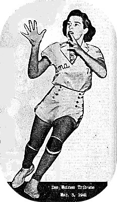 Image from the Des Moines Tribune, Mar. 3, 1941, of Numa High's Margaret Rowan, a girls basketball player in Iow, leaning towards her left about to catch a pass.