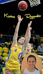 Image of Karina Rozynska, #4, going up for a rebound in a yellow uniform with blue highlights.