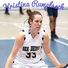 Kristina Rumplasch, Cape Fear (North Carolina) Community College women's basketbaall player, on defense in her white Sea Devils, #33 uniform..