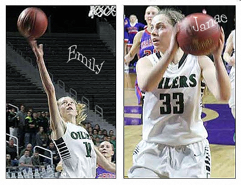 Images of Emily Ryan and Janae Ryan, girls basketball sisters on the Central lains Oilers, a Kansas high school. Both shown in OILERS white uniforms with red lettering, in action with basketballs. Emily going up for a layup in #11 uni, Janae looking to pass in #33.