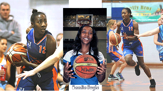 Pictures (by Les Smith from The Daily Advertiser) of Saadia Doyle, Wagga Blaze woman's basketball player. Two action shots (#12 in blue uniform) and holding basketball facing camera.