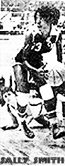 Image from the March 11, 1967 Tennessean newspaper, showing Sally Smith, Waverly High, with ball, in air, looking to pass or run. #33 in action.