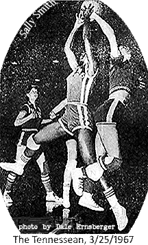 Image of Sally Smith, Waverly Tigerette, fighting for the ball in the air. #33 in photo by Dale Ernsberger, The Tennessean, NAshville, Tenn., 3/25/1967.