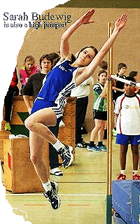 Sarah Budewig, Stade athlete, U15 basketball player, doing the Fosbury Flop over the high jump bar.