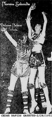 Image of Norma Schoulte, Monona High girls basketball player in the Iowa state tournament, first round game of 2/27/1951, a 58 to 43 victory over Wiota, whose Delores Nelson is attempting to guard Schoulte in this image.from the Dedar Rapid Gazette, February 28, 1951.