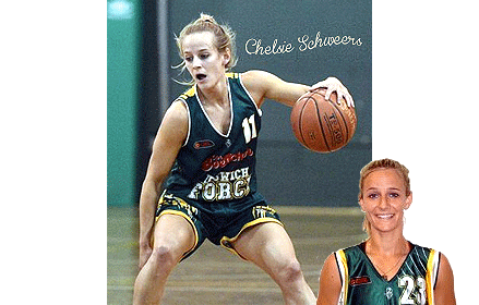 Image of Chelsie Schweers. Queensland Basketball League Ipswich Force women's basketball player. With ball, n action, as #11, and portrait in unform #23.