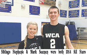 Picture of freshman Stephanie Seaman  and her junior brother Mark Seaman, posing for a picture. Both are basketball players and both were all-State all-stars in 2014. Stephanie is also All-State in field hockey.