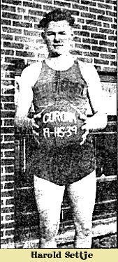 Image of South Dakota boys basketball player, Harold Settje, Corona High School, from the Argus-Leader, Sioux Falls, South Dakota, January 20, 1939. Facing forward, displaying a basketball which says Corona HS 1939.