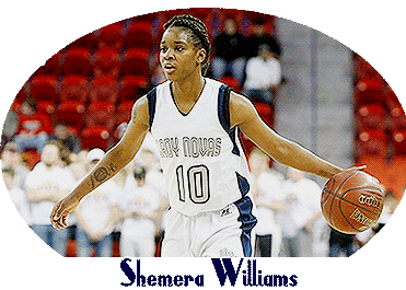 Image of Shemera WIlliams, girls basketball player in Wisconsin. Arms out in white LADY NOVAS uniform dribbling basketball. Number 10.