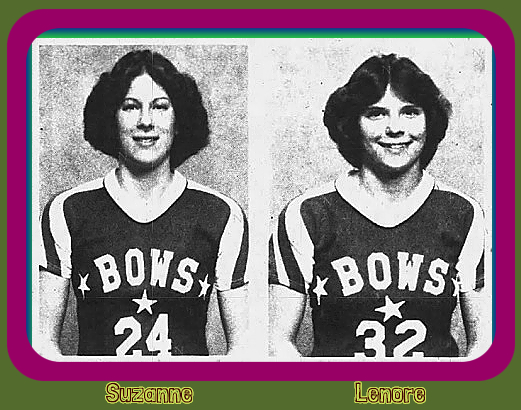 Images of twin sister girls basketball players, the Shimkus Twins, from Missouri. Played for Marian Catholic High School. Two shoulder and head shots in BOWS all-star team uniforms, prior to the Anthracite Basketball Classic. Suzanne Shimkus, #24, and Lenore Shimkus, #32. From the Hazleton Standard-Speaker, March 22, 1980, Hazleton, Pennsylvania