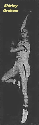 Image of Tennessee girls basketball player for Everett High, throwing up a hook shot with her right knee crooked in the ir (to our left) and the ball in her right hand From The Knoxville News-Sentinel, ebrury 14, 1960. Phott by Bill Dye.