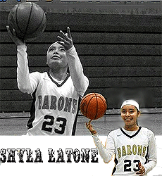 Two images of Shyla Latone, Bonita Vista Baron girl's high school basketball player (California), number 23. Two pictures, one posing while spinning ball on her finger, and her going up for a layup.
