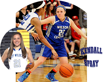 Kendall Spray, Wilson Central Lady Wildcat girls basketball player, in Tennessee, number 21, defending a player and in portrait.