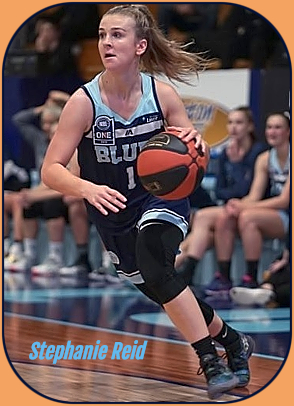 Australian women's basketball player, Steph Reid, Frankston Blues, driving with ball in game where she set the new single-game scoring record for the new NBL1 women's league, on May 4, 2019 (50 points). In dark blue uniform, #1.