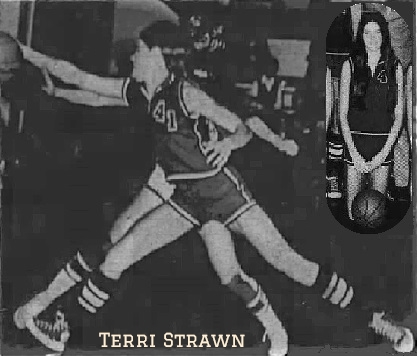 Images of Terri Strawn, Tennessee girls basketball player, number 41, astride, reaching for ball as member of Lascassas High School, against (obscured) against Brenda Eaglen. Reaching for ball to our left, we see her in profile. From The Daily News-Journal, Murfreesboro, Tenn., March 3, 1972. Game pictured was day before. Also shown, cropped from team photo, on knees with ball in front of her, from same newspaper, Feb. 23, 1972.