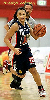 Image of TaKesha Watson, Keflavik women's basketball player, dribbling in a game.