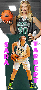 Images of Sara Tarbert, Stevenson University women's basketball player, number 30. Posing with basketball in green uniform and looking to pass the ball in action, in white uniform.