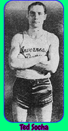 Image of Ted Socha, basketball player for Inverness Dairy, Cheboygan, Michigan, arms folded, in Inverness Dairy uniform. From The Hammond Times, Munster, Indiana, March 13, 1940.