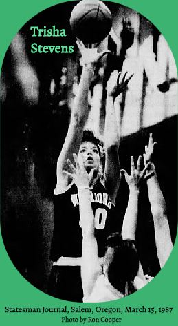 Image from the Statesman Journal, Salem, Oregon, March 15, 1987, of Trisha Stevens, Philomath High School (Oregon), shooting over defenders in 3/14 game where she scored 47 points.