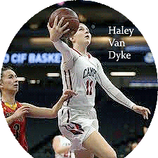 Haley Van Dyke, Campolindo High School girls basketball player going up for a layup in her white #11 CAMPO uniform.