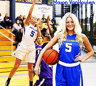 Images of Mason VanHouten, Canterbury High School Cavalier girls basketball player, in Fort Wayne, Indiana. One showing her in white uniform going up for a shot, and a portrait in her blue uniform. Number 5.