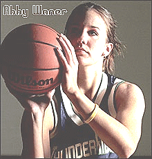 Abby Waner, ThunderRidge High School, Colorado, 2005, shooting basketball in posed shot.