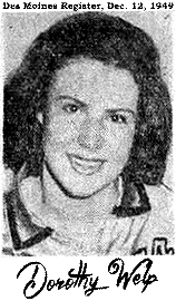 Image from the Des Moines Register, Dec. 12, 1949, of Dorothy Welp, girls basketball player for Kamrar High School.