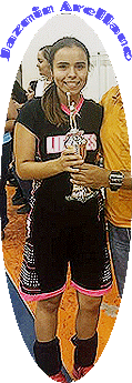 Image of Jazmin (Yazmin) Guadalupe Arellano, Hares women's basketball player in the Correcomidos de Comondu League in Baja. Standing with MVP trophy for season.