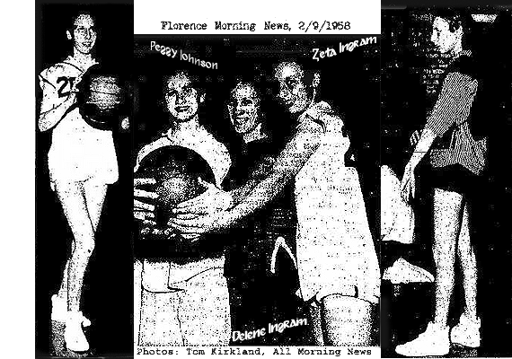 Photos from the Florence Morning News, Feb. 9, 1958, by Tom Kirkland, All Morning News. Three images, one of Zeta Ingram, girls basketball player on the Hartsville High School (South Carolina) girls basketball team, a side view of her standing on sidelines at a practice and a portion of a team photo also showing Zeta's sister, Delene Ingram and teammate Peggy Johnson.
