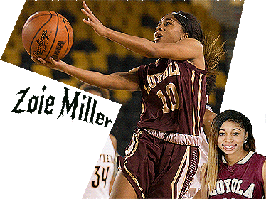Zoie Miller, Loyola-New Orleans women's basketball player. #10 going up for lay-up, and portrait. Both in black Loyola uniform #10