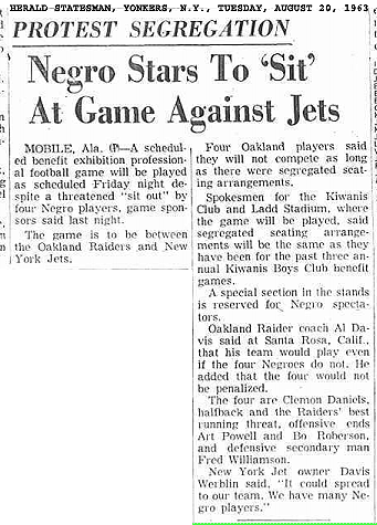 Newspaper article titled Protest Segregation/Negro Star To 'Sit' At Game Against Jets. from the Yonkers Statesman, Yonkers, New York, August 20, 1963. About four black Oakland Raiders players who protested segregation in seating at the Mobile, Alabama exhibition game scheduled for 8/23/1963.