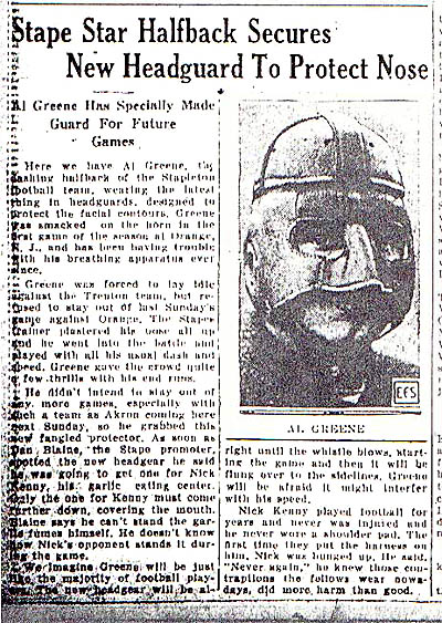 Article from 10/13/1926 Staten Island Advance about Al Greene's new football headgear, as well as well as center Nick Kenny's garlic breath.