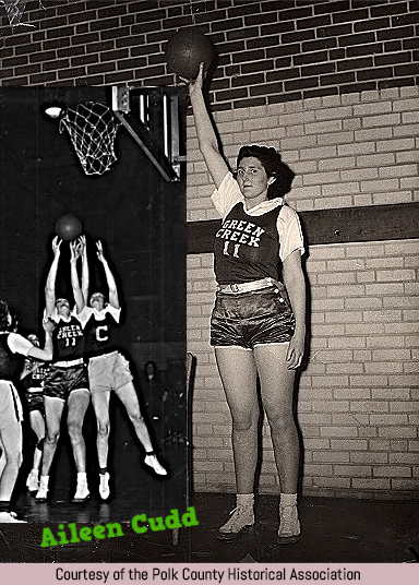 Images courtesy of the Polk County Historical Society, of AIleen Cudd, Green Creek High School (North Carolina), girls basketball player, #11, one an action shot under the basket.