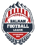 Image of the shield for the Balkan Football League. , BALKAMN/FOOTBALL/LEAGUE//Established 2022, in a re, white and black shield with an image of a football, and mountains at top, laurel leaf at bottom.