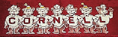 Old Cornell logo, each letter of CORNELL on a cartoon bear's sweatshirt.Carnelian red.