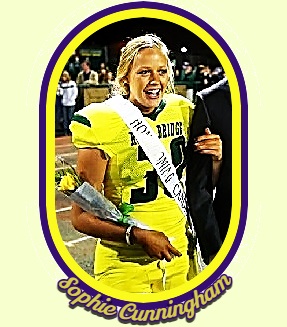 Photo of homecoming court candidate and football place kicker for Rock Bridge High School, missouri. In uniform #32, with flowers..