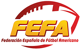 Logo for the Federacion Espanola de Futbol Americano. FEFA and the full title in stylized letters inside a represantational football design, yellow and green.