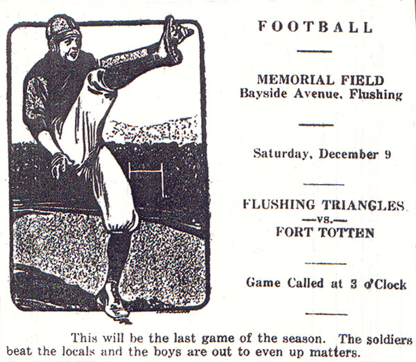 Fort Totten v. Flushing Triangles, 12/7/1922 Flushing Daily Times.