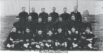 Gridley Redskins High School football team photo from 1920. From 1956 Gridley Centennial Book, via Gridley High School Glory Days web page.