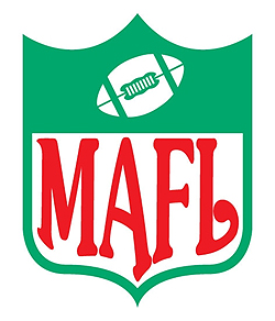 Logo for the MAFL, the Magyar American Football League, green on white MAFL in a shield with a football pictured at the top.