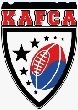 Korea American Football Club Federation-a ;ogo, a shield with KAFCA in red at top  with a red and blue footbakk and 8 black stars of various sizes at bottom.