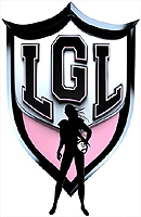 Ladies Gridiron League logo. Black on white shield, stylized LGL at top, and a silhouetted female football player, facing forward with helmet held on hip, standing partly in shield, partly below it..