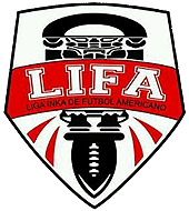 Logo of the Liga Inka de Futbol Americano (LIFA), the Incan League of American Football. A shield with capial letters, white with black trim, reading LIFA,, serifed on a curved red banner in the middle, a vertical football pictured below as well, some sort of trophy-like figure..