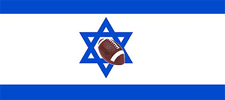 Flag of Israel with a football crashing through the Star of David in the center.