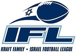 Logo for the IFL, 'Kraft Family  Israel Football League' with football and stylized Israeli flag..