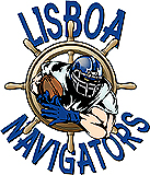 Lisboa Navigators (a Portuguese pro football league champion from Lisbon) logo, with their name and in the center a cartoon of a ball carrier coming through the center of an old fashioned 8-spoked ship's steerinmg wheel.